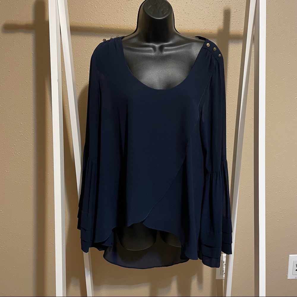 Large navy blue Double Zero sheer top with bell sleeves